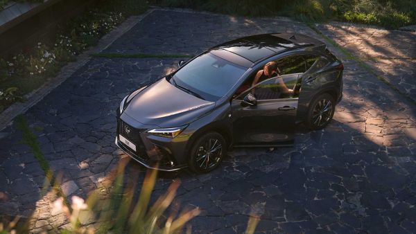 A raised view of a driver entering a parked Lexus NX