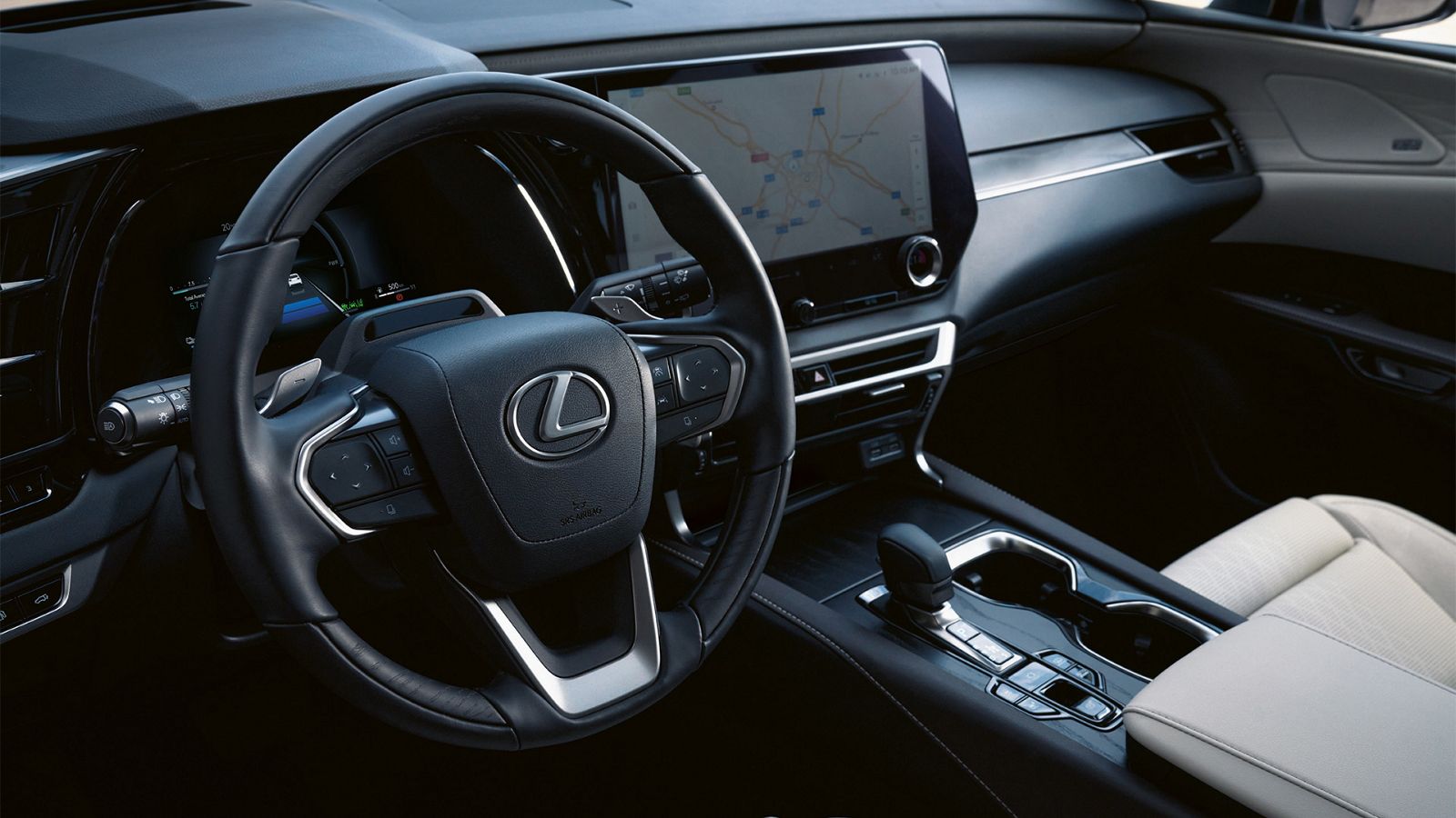 A closeup of a steering wheel