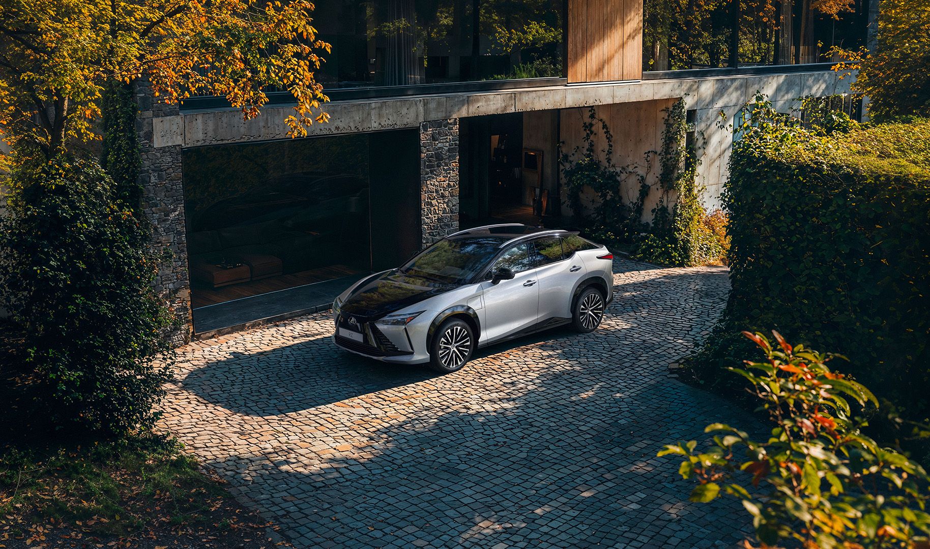 A Lexus RZ parked outside a building