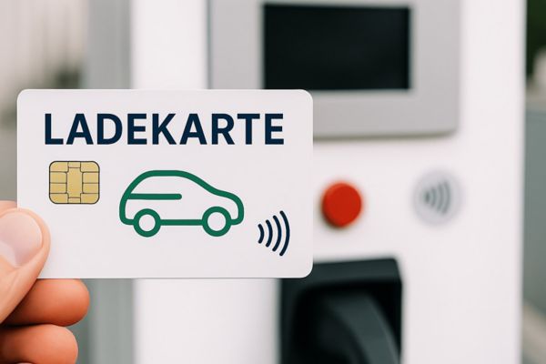 Eine Nahaufnahme zeigt eine weiße Ladekarte für Elektroautos mit Chip, grünem Auto-Symbol und Kontaktlos-Icon. Die Karte wird von einer Hand vor eine moderne Ladesäule mit Display und rotem Not-Aus-Knopf gehalten. Die Szene symbolisiert den Einsatz einer EV-Ladekarte zum kontaktlosen Starten des Ladevorgangs an öffentlichen Ladestationen für E-Autos.