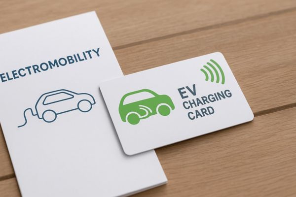 Eine Nahaufnahme zeigt eine weiße EV-Ladekarte für Elektroautos mit grünem Auto-Symbol und Kontaktlos-Icon auf einem Holztisch. Daneben liegt ein Flyer mit der Aufschrift „Electromobility“ und einer stilisierten Grafik eines ladenden E-Autos. Die Szene veranschaulicht die Nutzung einer Ladekarte zum einfachen Zugang zu öffentlichen Ladestationen für Elektrofahrzeuge.