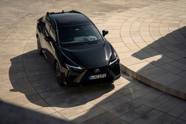 Pysäköity Lexus RZ 500e takaa kolme-neljännesosakulmasta