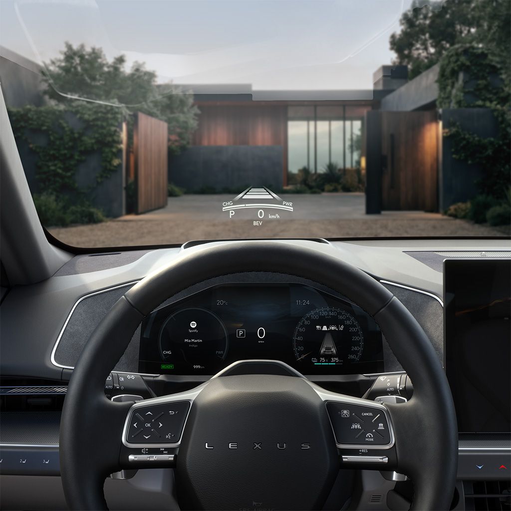 View over the ES steering wheel showing the driver display and HUD