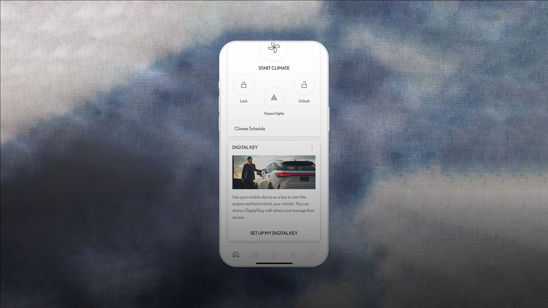 A view of a mobile phone showing the digital key section of the Lexus Link+ app
