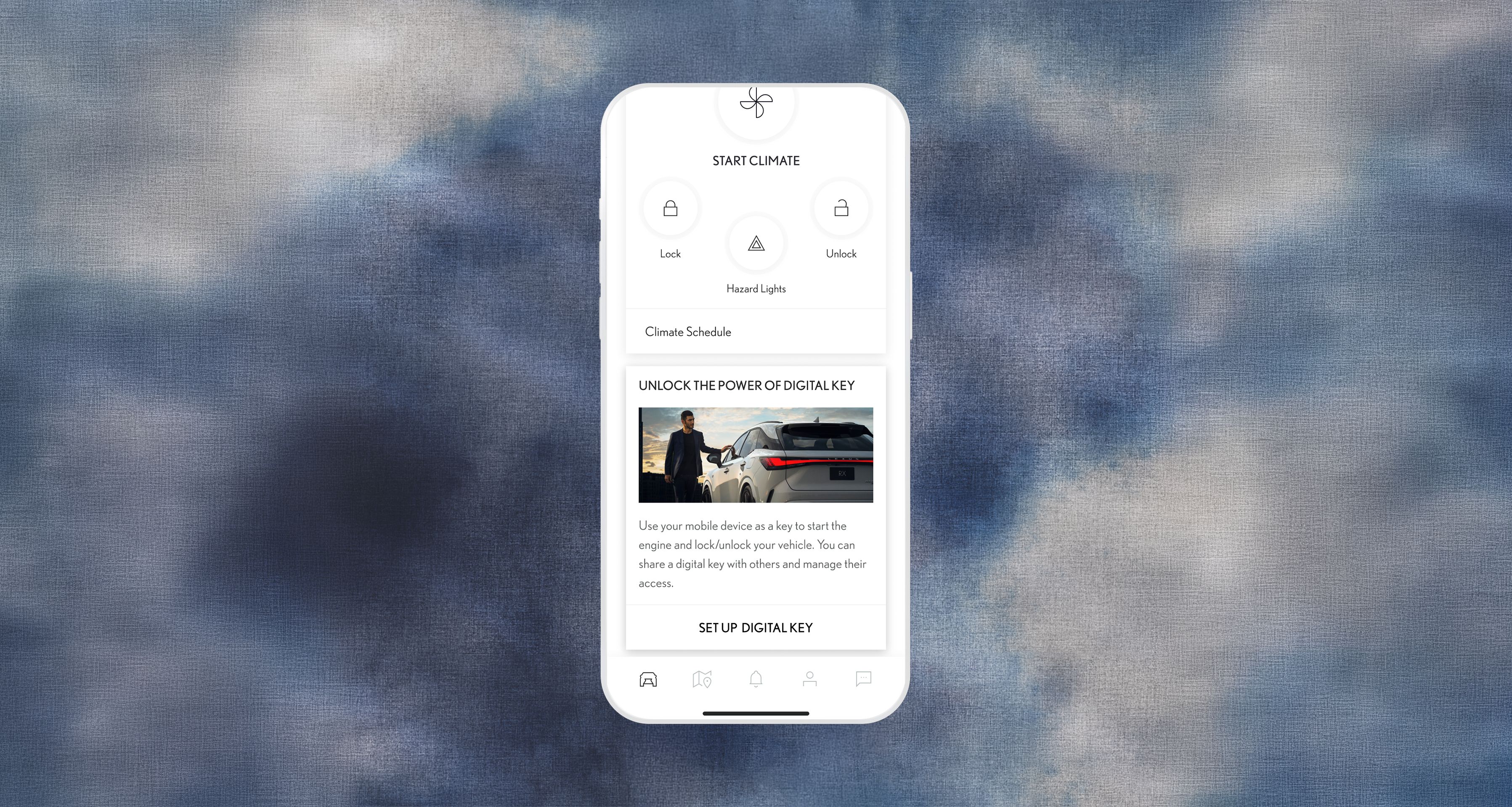 Mobilusis telefonas su programėlės Lexus Link+ skaitmeninio raktelio skiltimi