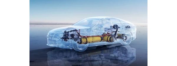 Illustration eines transparenten Wasserstoffautos mit sichtbarem Wasserstofftank und Motor.