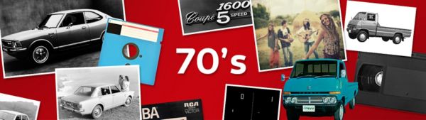 Collage aus Fotos von Toyota Modellen aus den 70er-Jahren sowie von weiteren Themen wie der Hippie-Bewegung, in der Mitte in Weiß: „70’s“