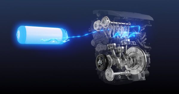Illustration eines Toyota Wasserstoffmotor in einer Grafik mit blauen Verbindungslinien vom Motor zum Wasserstofftank.