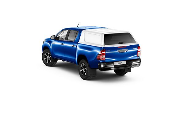 Detailaufnahme eines Hardtop aus Kunststoff , auf einen blauen Hilux montiert