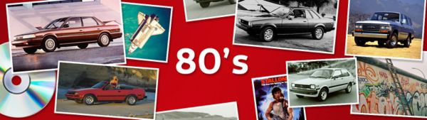 Collage aus Fotos von Toyota Modellen aus den 80er-Jahren sowie von weiteren Themen wie dem Mauerfall, in der Mitte in Weiß: „80’s“