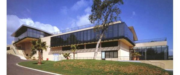 Modernes flaches Bürogebäude mit verglastem Obergeschoss bei Sonnenschein, davor Palmen und andere Bäume
