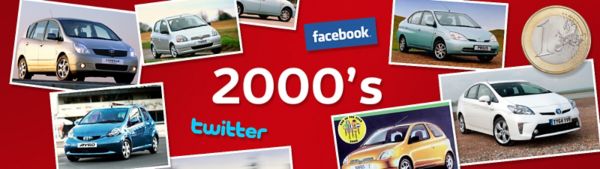 Collage aus Fotos von Toyota Modellen aus den 2000er-Jahren sowie einer Euromünze und Logos von Facebook und Twitter, in der Mitte in Weiß: „2000’s“