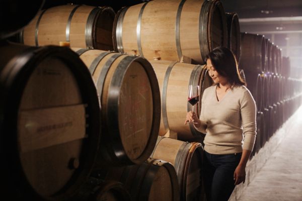 אישה שותה יין בתוך יקב