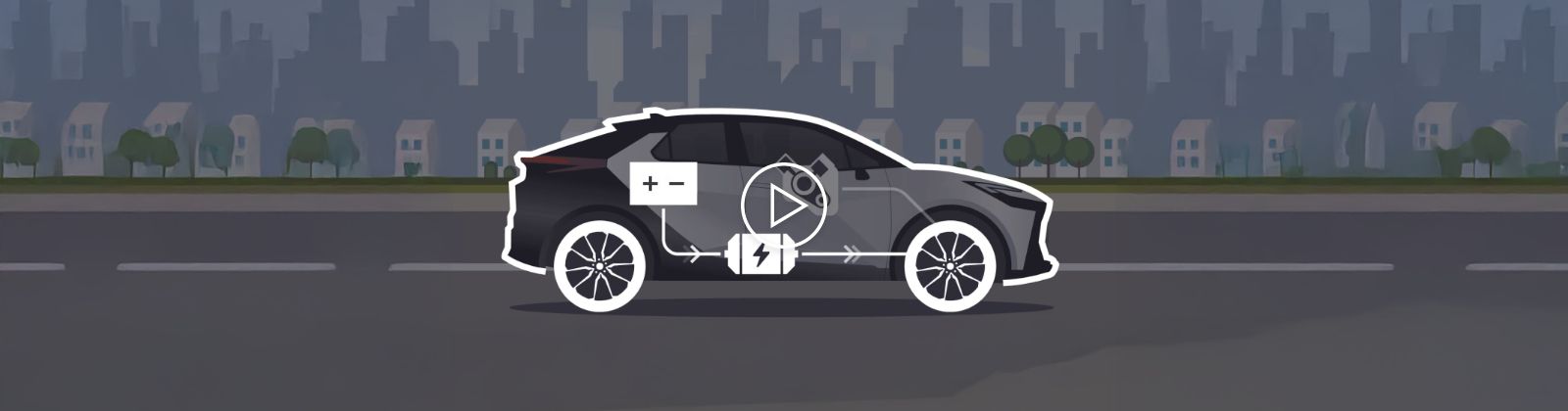 Kadr z animacji: przepływ energii z baterii i silnika elekttrycznego do kół