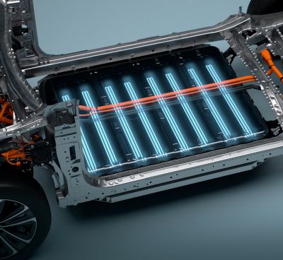 Illustration: Längsschnitt einer Batterie im Unterboden eines Fahrzeugs.