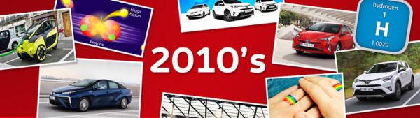 Collage aus Fotos von Toyota Modellen aus den 2010er-Jahren sowie von weiteren Themen wie der Pride-Bewegung, in der Mitte in Weiß: „2010’s“