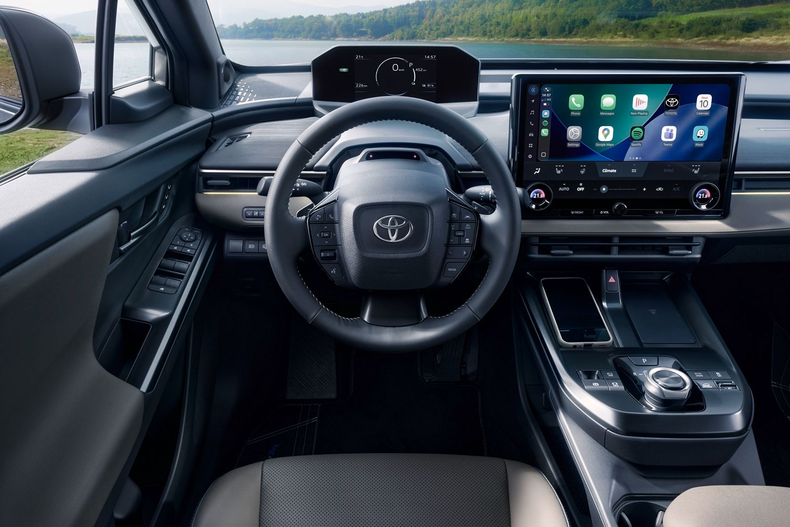 De intuïtieve cockpit van de bZ4X Touring vanuit het perspectief van de bestuurder