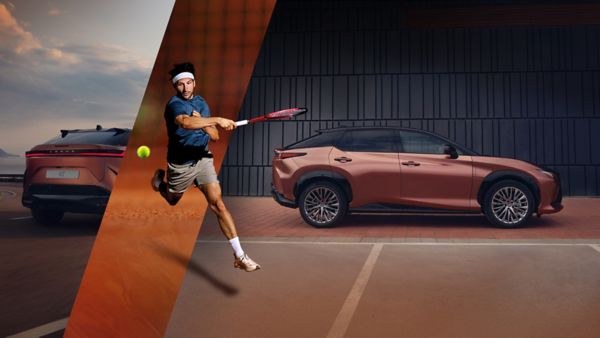 Ein Splitbild mit einem Tennisspieler und zwei kupferfarbenen Lexus RZ 