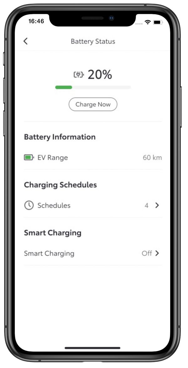 Écran de téléphone avec affichage de l'état de charge dans l'application MyToyota