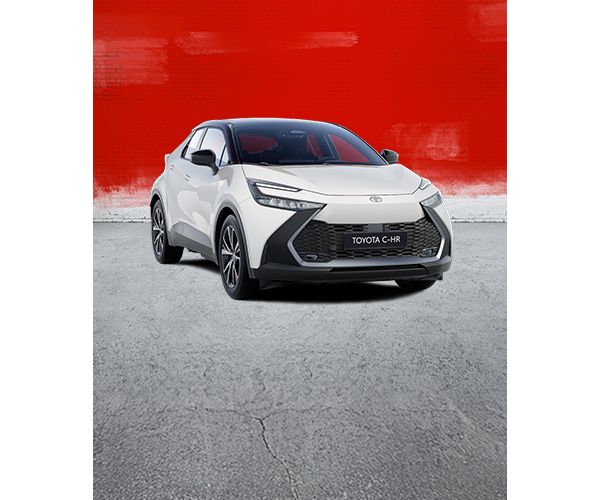 Weißer C-HR Flow auf einem rot/grauen Hintergrund..