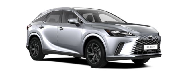 Ein silberner Lexus RX in Seitenansicht auf weißem Hintergrund