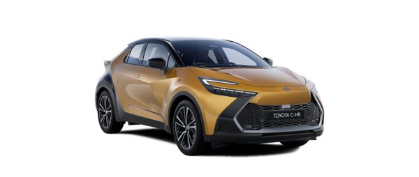 Turuncu Toyota C-HR ön ve yan görünüşü