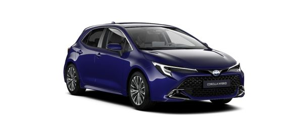 Mavi Toyota Corolla Hybrid ön ve yan görünüşü