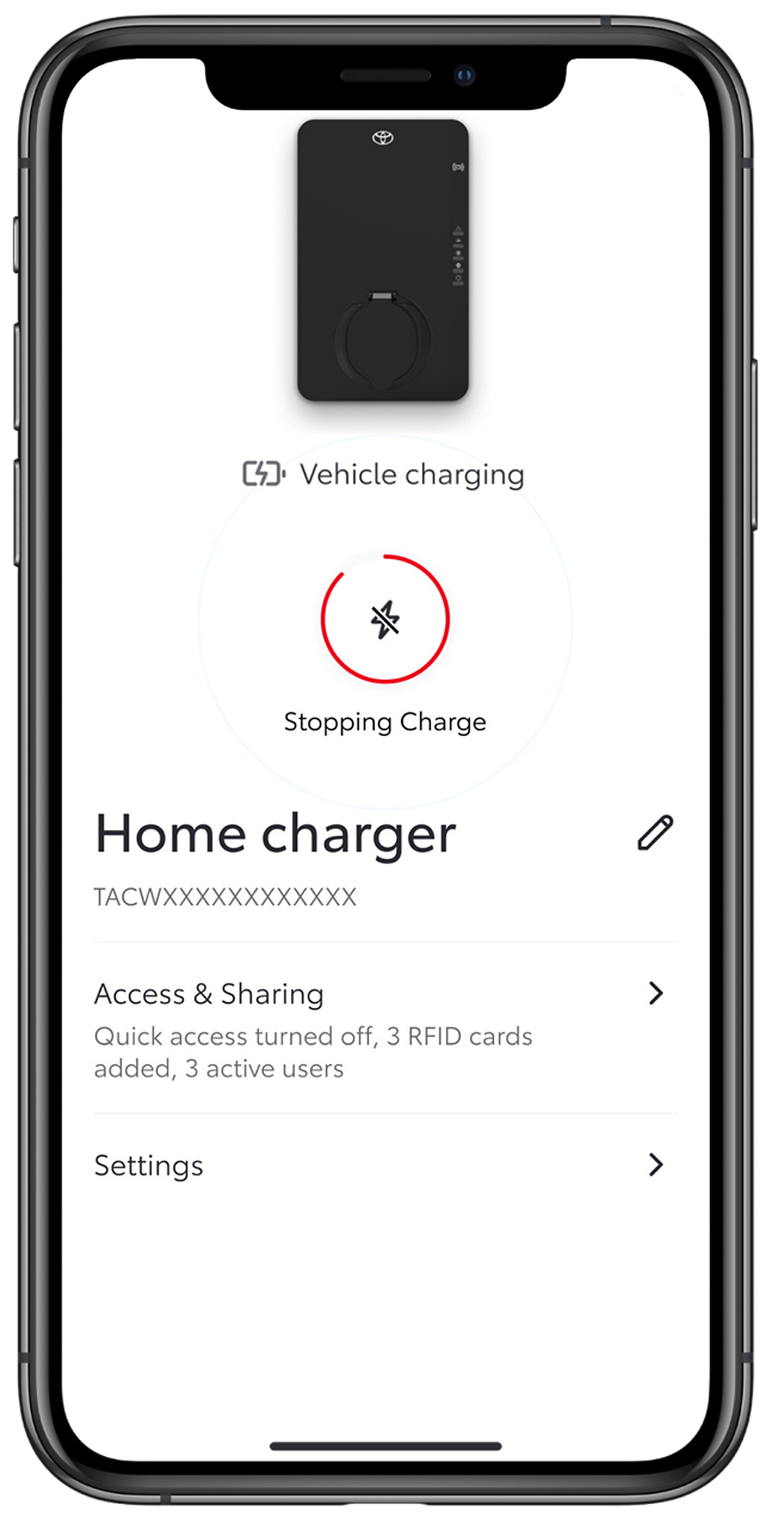 Phone screen showing charging status within the MyToyota app