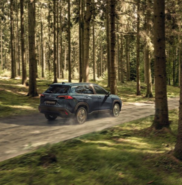 Toyota Corolla Cross a circular numa estrada florestal