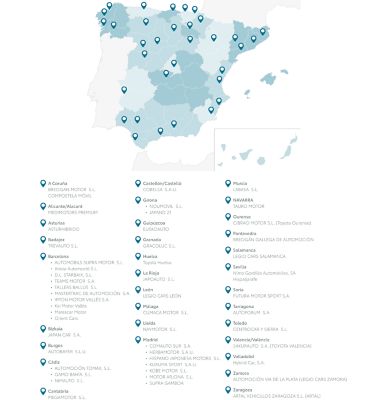 Mapa de ciudades con servicio de alquiler de coches Toyota, Kinto Rent