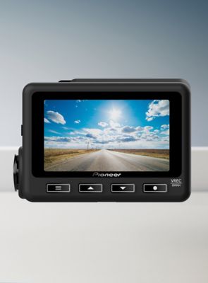 Dashcam mit Display vor grauem Hintergrund.