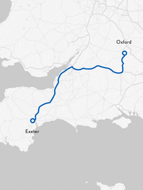 map showing Oxford and Exeter