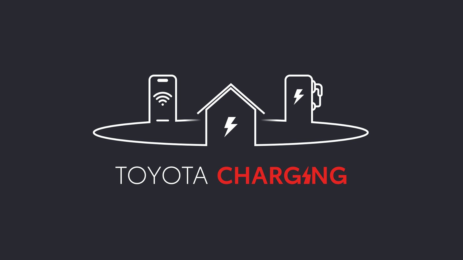 Grafische Darstellung von Toyota Charging mit Symbolen für Smartphone-App, Laden zu Hause und öffentliche Ladesäule auf dunklem Hintergrund