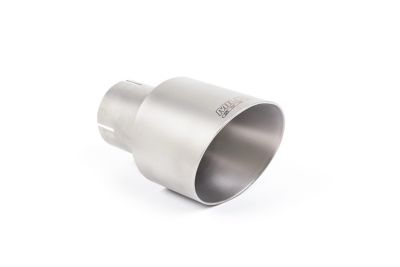 Nahaufnahme eines Endrohrs aus Titanium in mattem silber vor neutralem Hintergrund