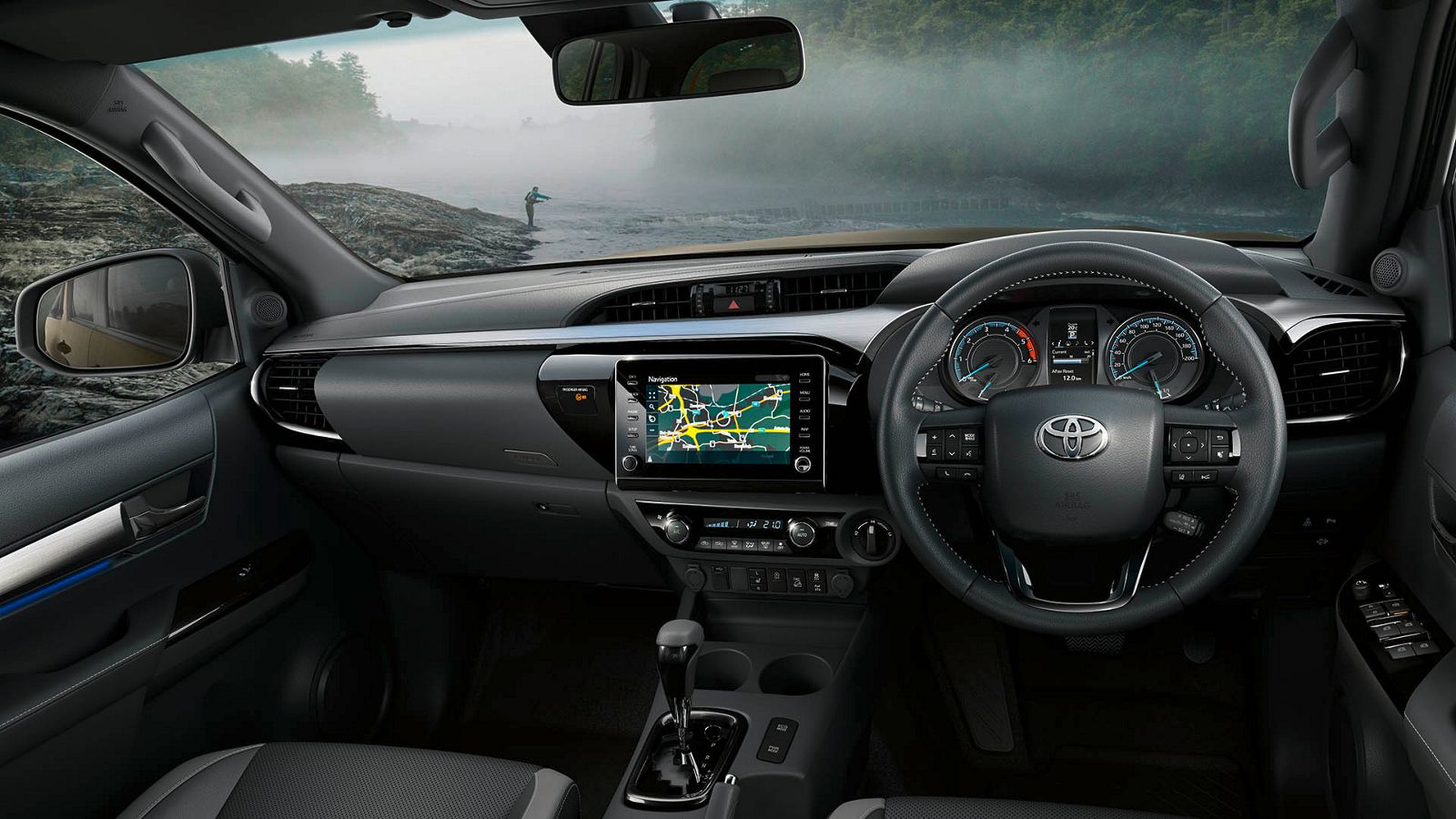 The Hilux's steering wheel and multimedia display