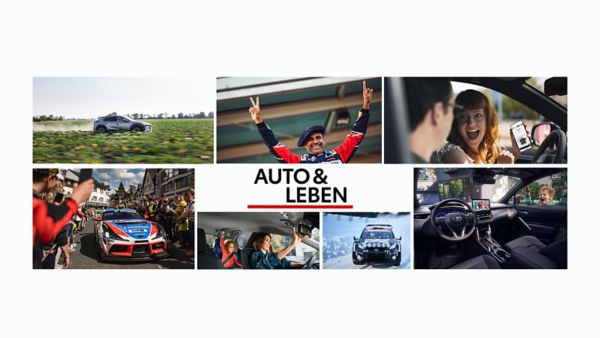 Collage mit verschiedenen Szenen zum Thema Auto: ein Fahrzeug auf einer malerischen Straße, ein feiernder Fahrer und Menschen, die ihre Erfahrungen mit dem Auto genießen, mit dem Text „AUTO & LEBEN“ in der Mitte.