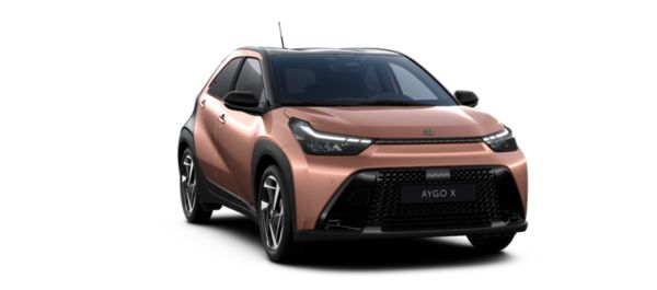 Vooraanzicht van een grijze Aygo X