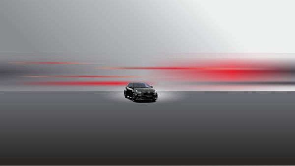 Yaris Cross auf grauen Hintergrund mit roten Streifen im Hintergrund.