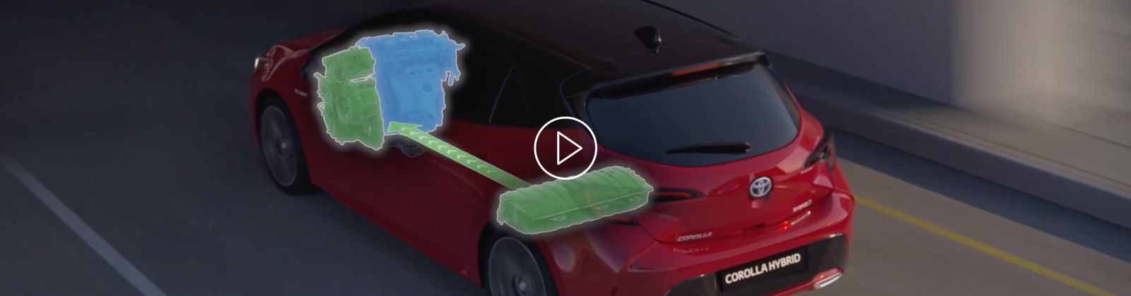 Kadr z animacji: przepływ energii z baterii do silnika pokazany na Corolli Hybrid w ruchu.