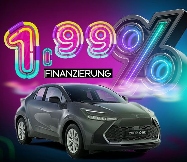 Ein dunkelgrauer Toyota C-HR und darüber eine große, farbige Schrift mit "1,99% Finanzierung"