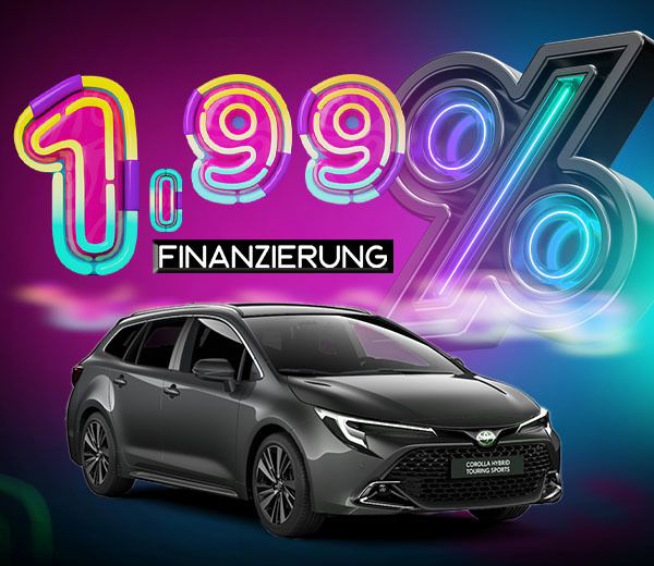 Ein dunkelgrauer Toyota Corolla TS und darüber eine große, farbige Schrift mit "1,99% Finanzierung"