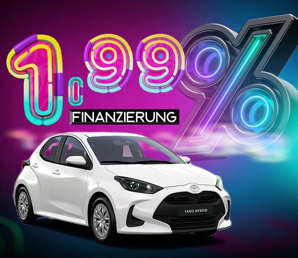Ein weißer Toyota Yaris und darüber eine große, farbige Schrift mit "1,99% Finanzierung"