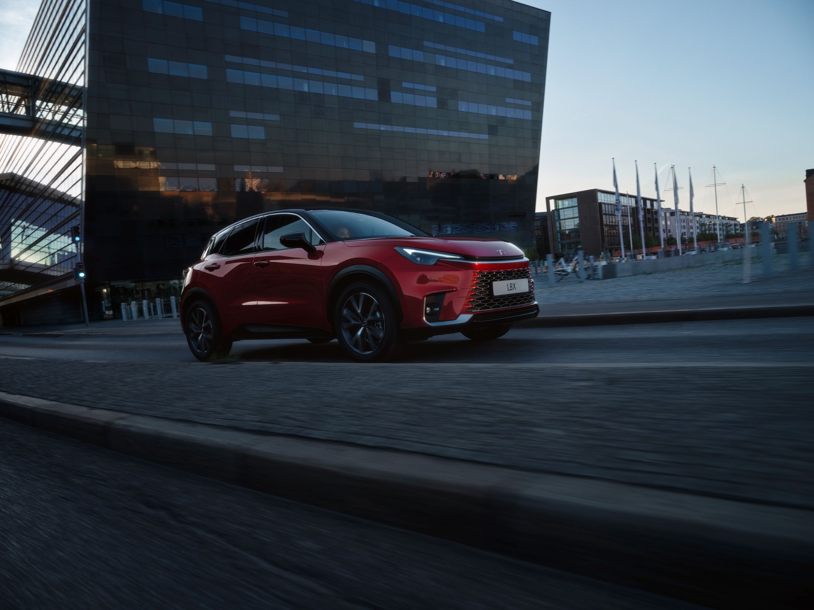 Front view of a Red Lexus LBX