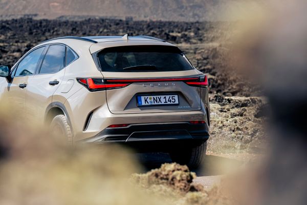 Lexus, NX, Overtrail, exterieur, linker, achteraanzicht, achterklep, logo, vulkanisch, landschap