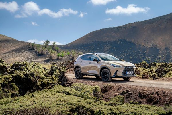 Lexus NX Overtrail, exterieur, rechter voor aanzicht, kleur Moon Desert Static, in bergachtig groen gebied