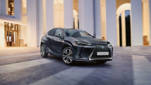 Zijaanzicht van een grijze Lexus UX 300e