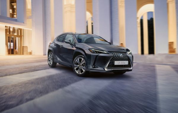 Vooraanzicht van een grijze Lexus UX 300e