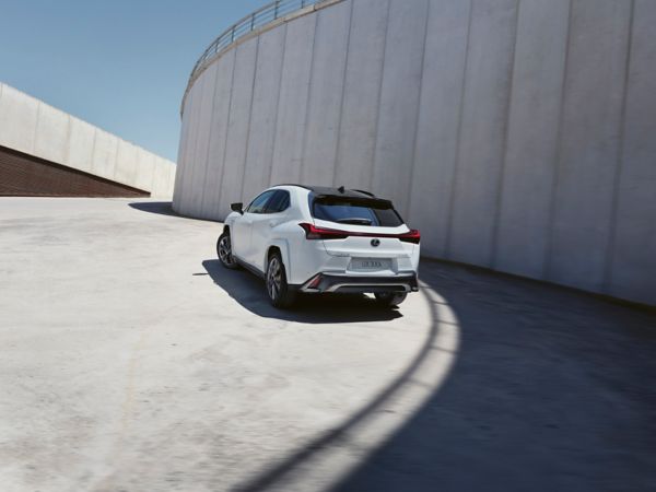 Zijaanzicht van een blauwe Lexus UX 300h