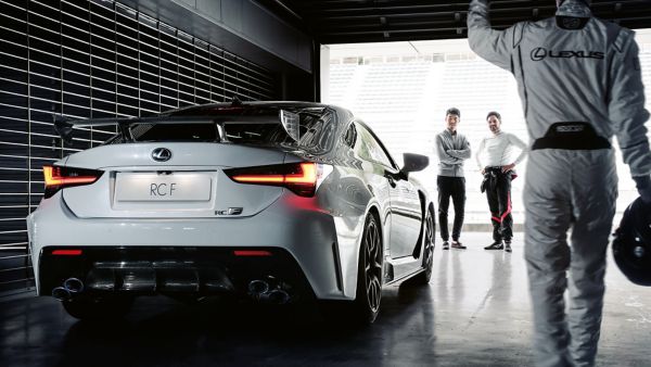 Lexus RC F parked in a racing garage 