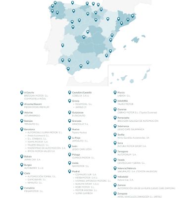 Mapa de ciudades con servicio de alquiler de coches Toyota, Kinto Rent